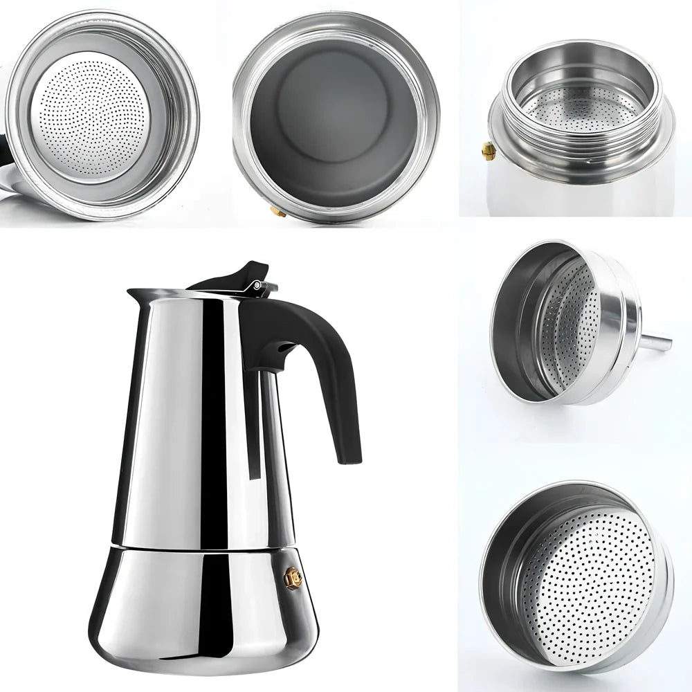 Moka coffee maker with plastic handle and stainless steel body in 100ML-450ML sizes