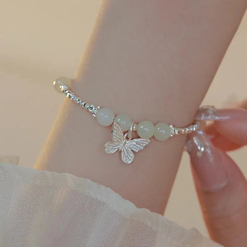 Hetian jade silver butterfly bracelet and necklace set for women with electroplated copper construction