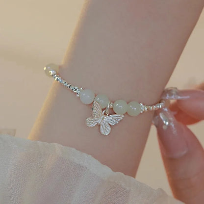 Hetian jade silver butterfly bracelet and necklace set for women with electroplated copper construction