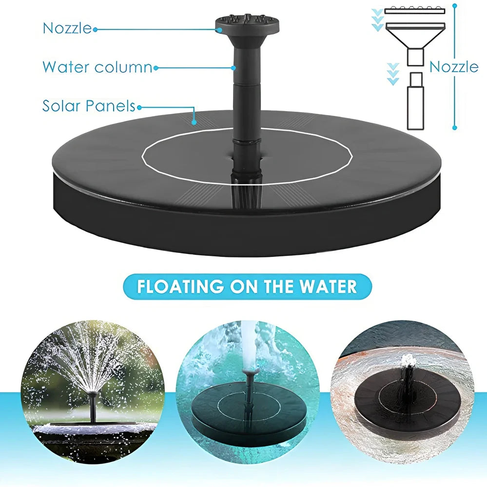 Black solar fountain with water spray in garden pond showing 55cm height and four nozzle options