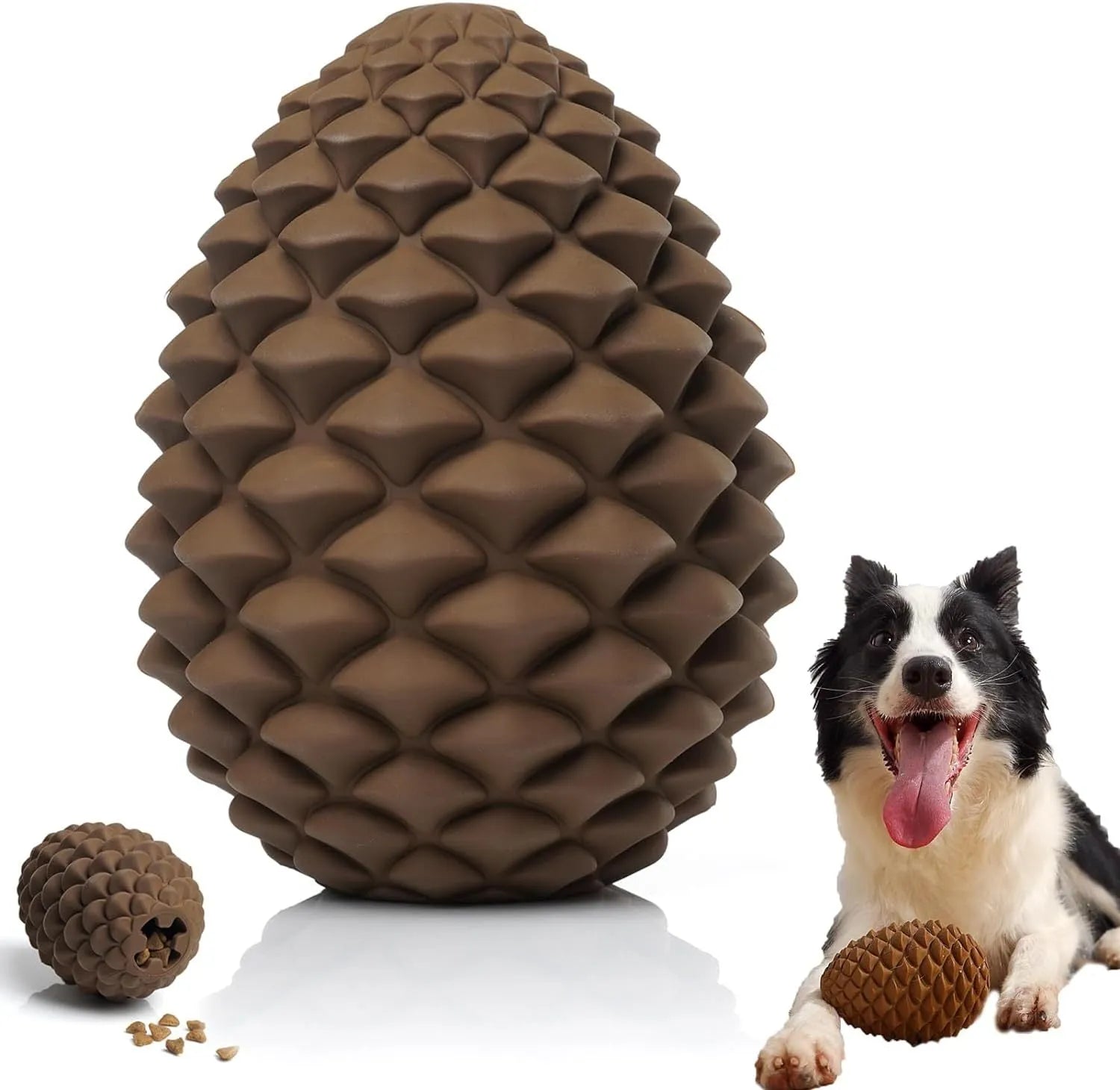 Pine cone-shaped yellow dog toy with treat dispenser, natural rubber construction, for medium to large breeds