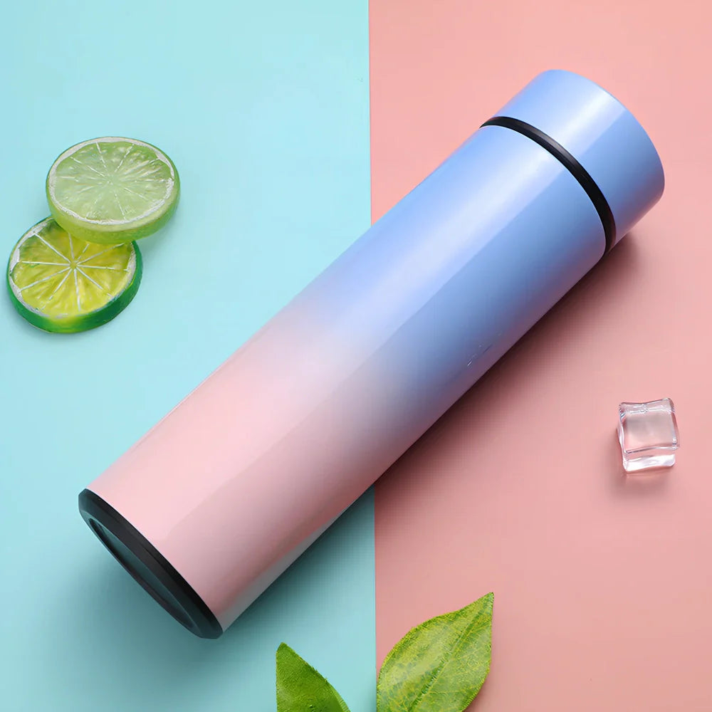 Stainless steel vacuum flask with temperature display showing beverage temperature, 22.5cm height