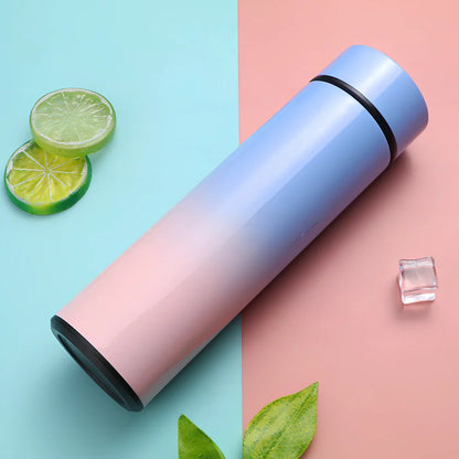 Stainless steel vacuum flask with temperature display showing beverage temperature, 22.5cm height