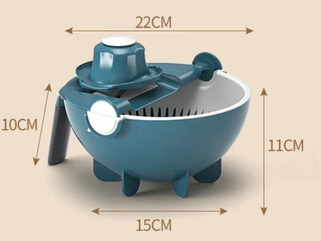 Versatile vegetable preparation station with interchangeable blades and built-in drainage basket for efficient meal prep