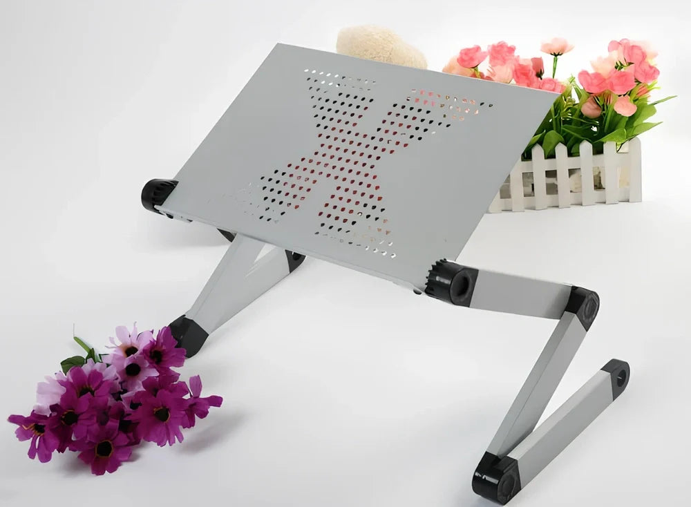 Black aluminium folding computer desk with adjustable legs and non-slip baffles for laptop stability