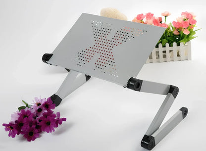 Black aluminium folding computer desk with adjustable legs and non-slip baffles for laptop stability