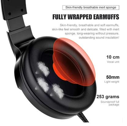 Black wired over-ear gaming headset with microphone and inline volume control on the cable.