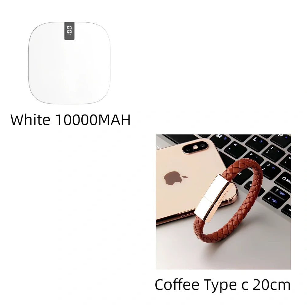 Red 10000 mAh mini power bank with digital display showing battery percentage, measuring 90x64x24mm
