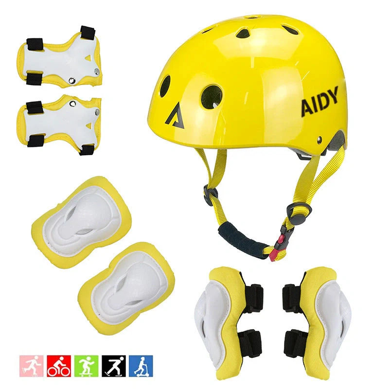 Children's roller skating protective helmet in Blue, Black, and Yellow with ABS outer shell