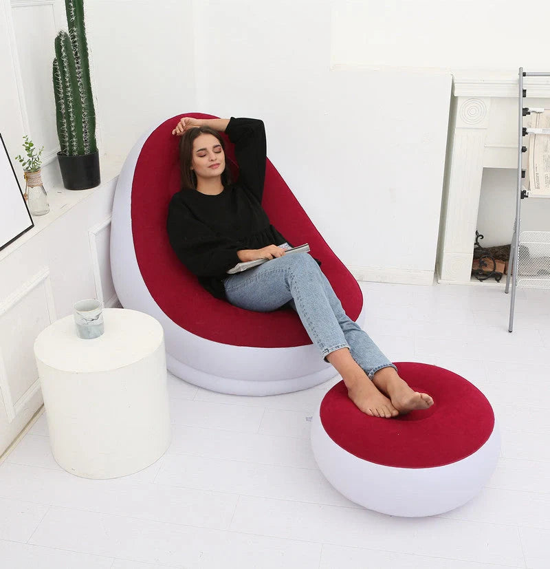 Inflatable Flocking Sofa in various colors, showcasing ergonomic design and portability