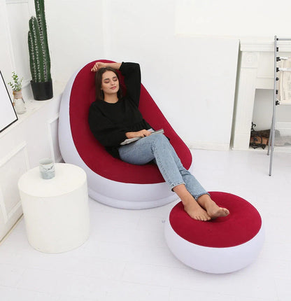 Inflatable Flocking Sofa in various colors, showcasing ergonomic design and portability
