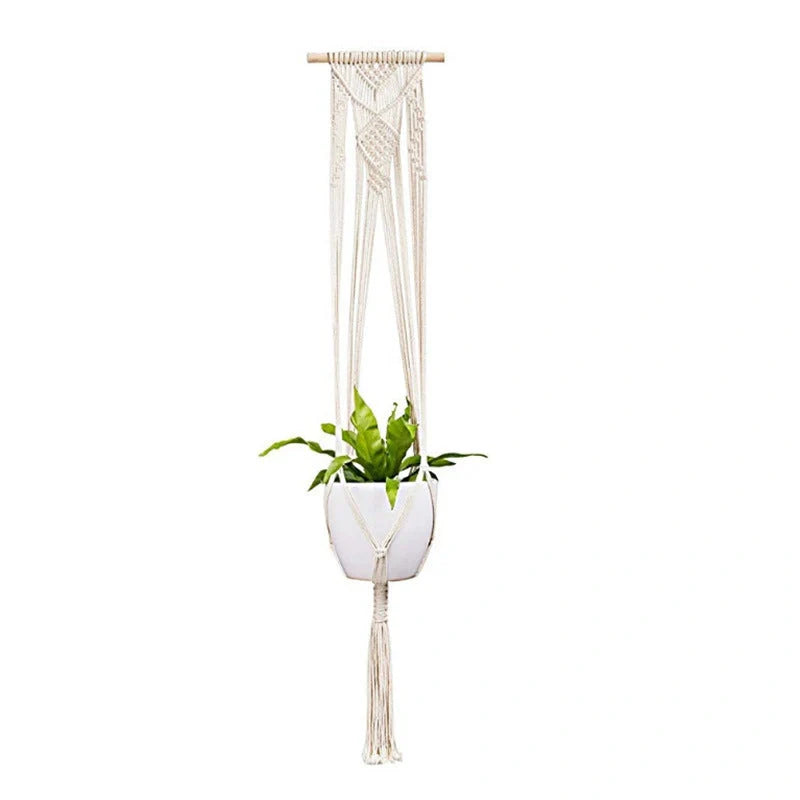 Set of four hand-made macrame hanging baskets for plants, made from 100% cotton rope.