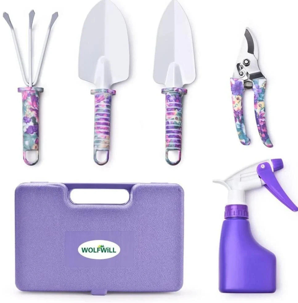 Purple-handled 10-piece rust-proof gardening tool set with sandblasted finish for soil work