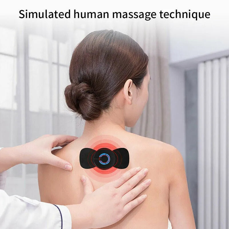 Black HQ-185 mini electric shoulder and neck massager with massage patch, showing compact 15cm size.