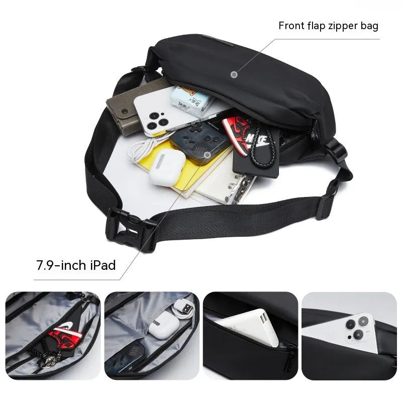 Black men's messenger bag with Oxford cloth exterior and cross-body strap for daily commuting