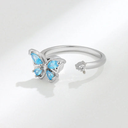 Women's adjustable rotatable butterfly ring with zircon inlay, available in multiple colors