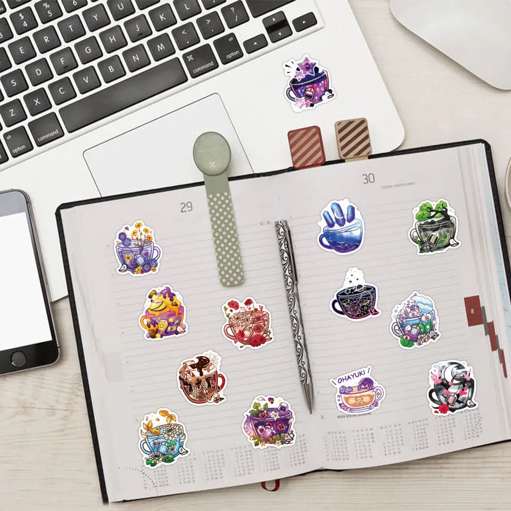 Pack of 50 colourful tea cup graffiti waterproof stickers for DIY luggage and scooter decoration
