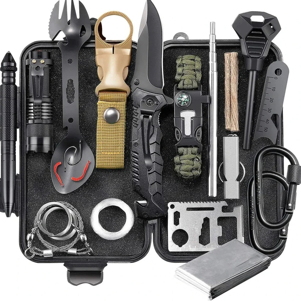 Outdoor survival kit with alloy multi-tool, emergency whistle, compass, and tools in waterproof plastic case