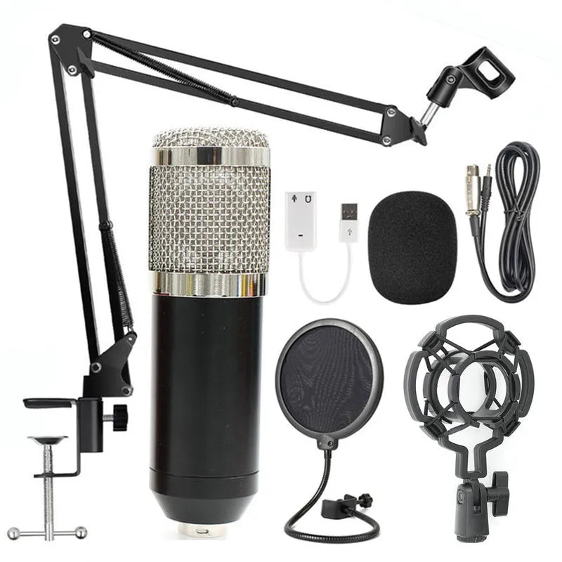 BM-800 condenser microphone stand set with professional recording microphone on desktop