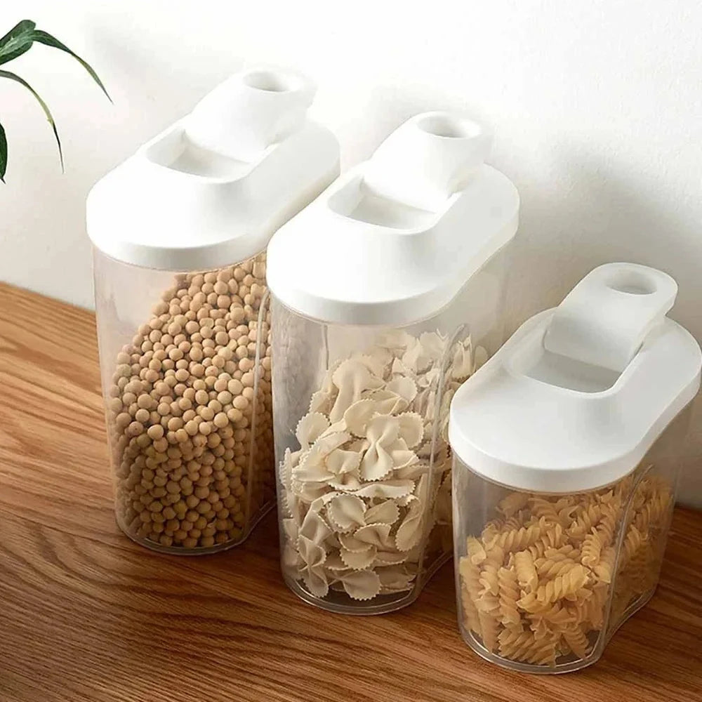 Clear plastic kitchen storage containers with airtight lids for beans and grains