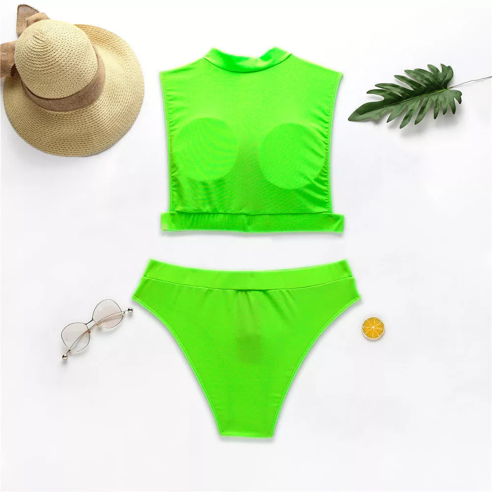 Fluorescent solid bikini swimsuit in yellow, green, and pink, sizes S, M, L