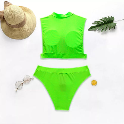 Fluorescent solid bikini swimsuit in yellow, green, and pink, sizes S, M, L