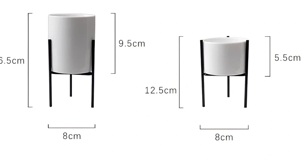 Black iron frame succulent flowerpot with white ceramic insert showing 12.5cm and 16.5cm size options