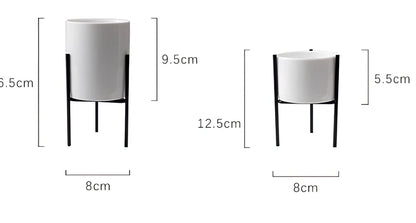 Black iron frame succulent flowerpot with white ceramic insert showing 12.5cm and 16.5cm size options