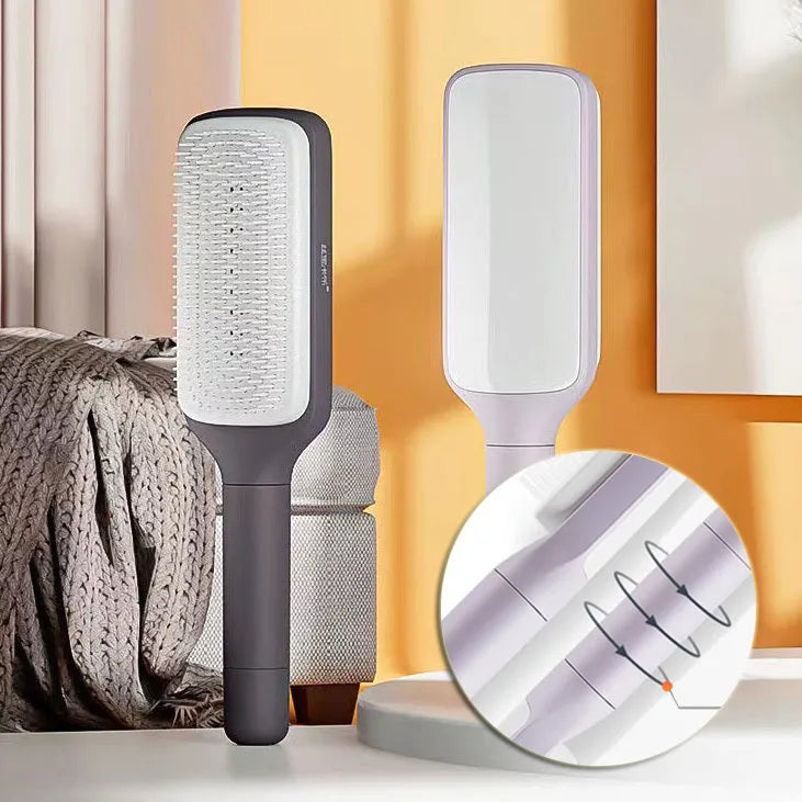 Self cleaning hair brush 4 in 1 rotating lift design anti-static massage comb tangle-free hair removal brush with telescopic handle for all hair types including wigs and extensions, Roland Purple colour, 24.6 cm length plastic construction.