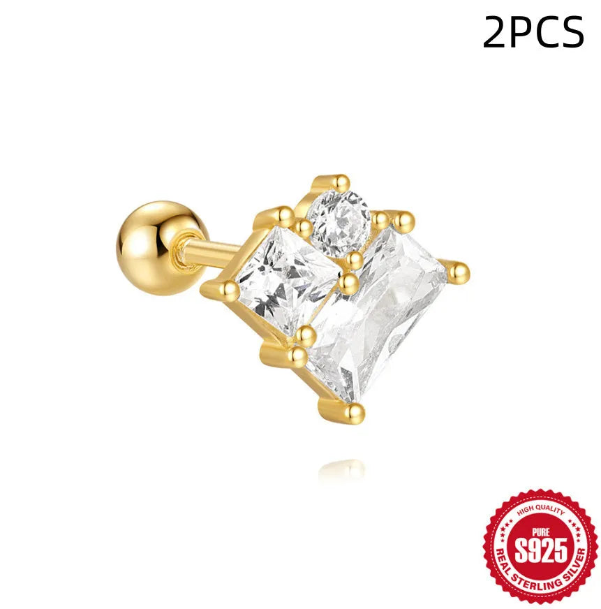 S925 sterling silver floral stud earrings with square gravel detail in a golden electroplated finish.