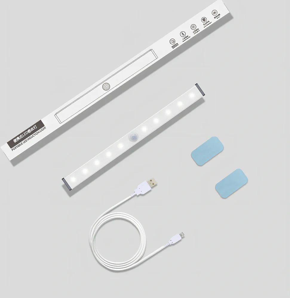 LED human body induction magnetic closet light showing aluminium shell and magnetic attachment for wardrobe installation