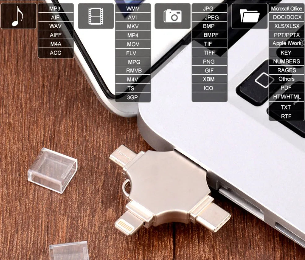 Metal mobile phone U disk with 4-in-1 iOS, Micro USB, Type-C and USB 3.0 connectors, 11g, in Silver