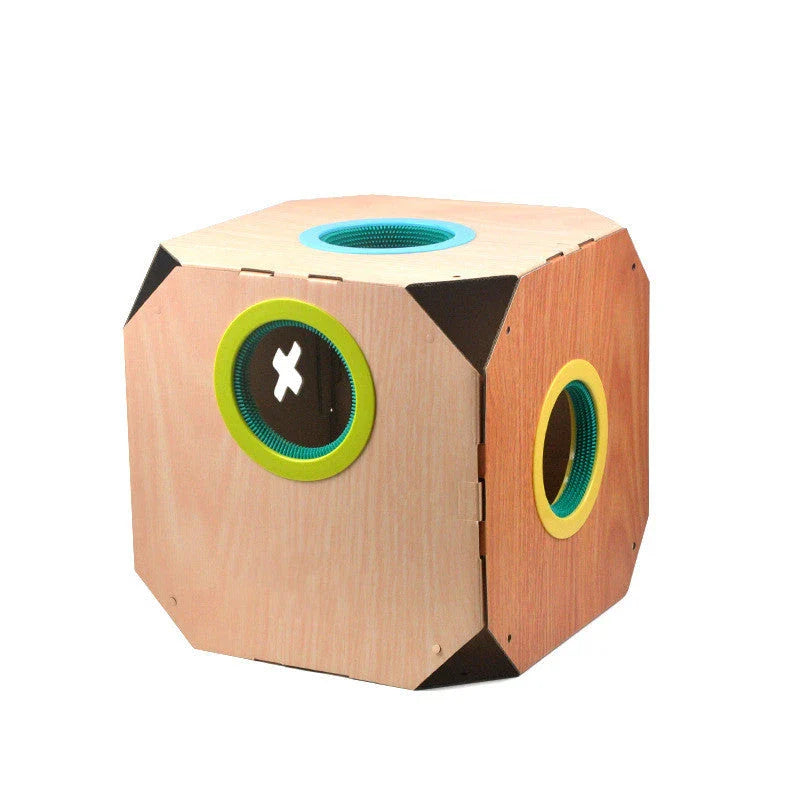 DIY multi-purpose cat hideaway box with cardboard construction and hair removal features