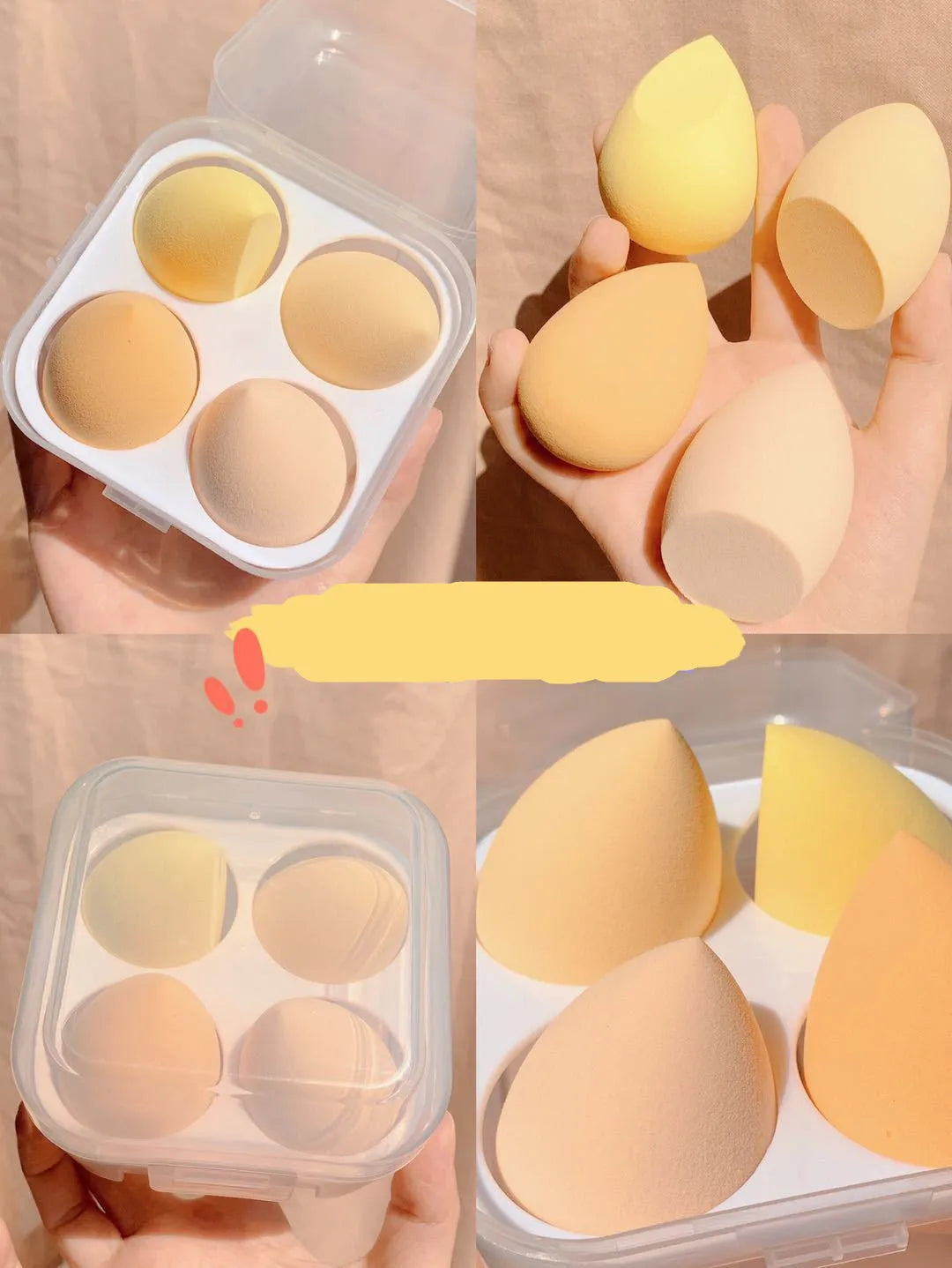 Four synthetic sponge makeup eggs in grape, mango, mint, and peach peach colours