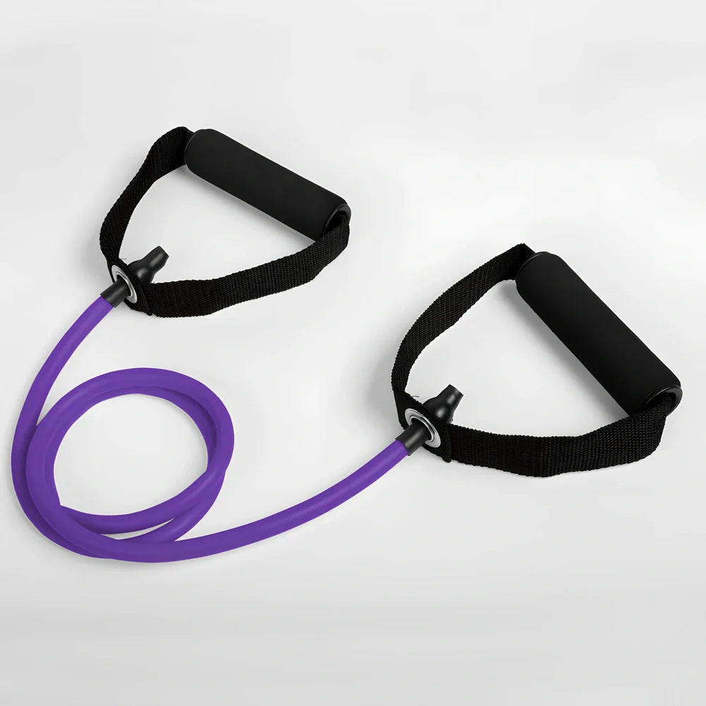 Five colour-coded latex resistance bands showing 120cm length with resistance levels from 10-30 pounds