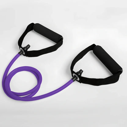 Five colour-coded latex resistance bands showing 120cm length with resistance levels from 10-30 pounds