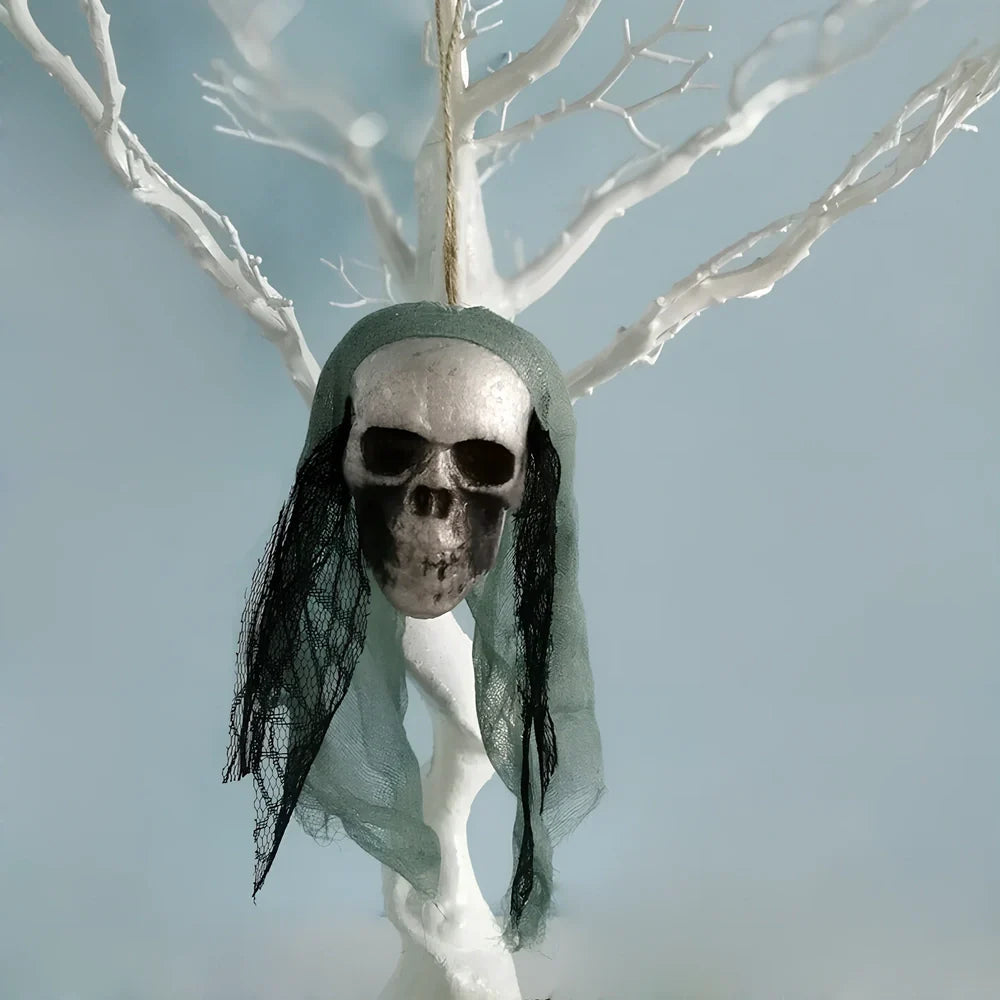 Foam Halloween skull hanging decor in purple with lace, 40 cm height for stage props