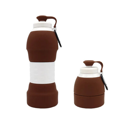 Blue silicone folding water bottle shown both extended and collapsed, next to a backpack.