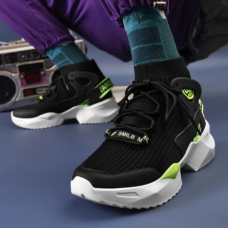 Flying knit socks basketball shoes in black, green and white with breathable mesh and plastic platform sole, sizes 36-44