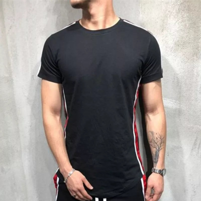 Paneled striped round neck short sleeve T-shirt in cotton blend for summer