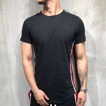 Paneled striped round neck short sleeve T-shirt in cotton blend for summer