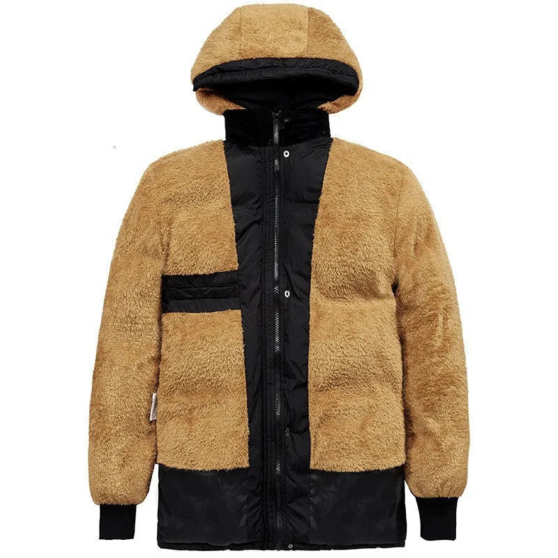 Men's winter padded jacket with velvet exterior, double-breasted front closure and hooded design, available in multiple colours and patterns including stripes, camouflage and floral prints, sized from M to 6XL with specific Asian fit guidance.