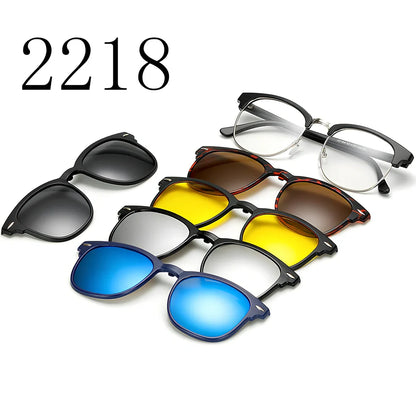 Magnetic sunglasses showing closure system with resin lenses and PC frame in multiple size options