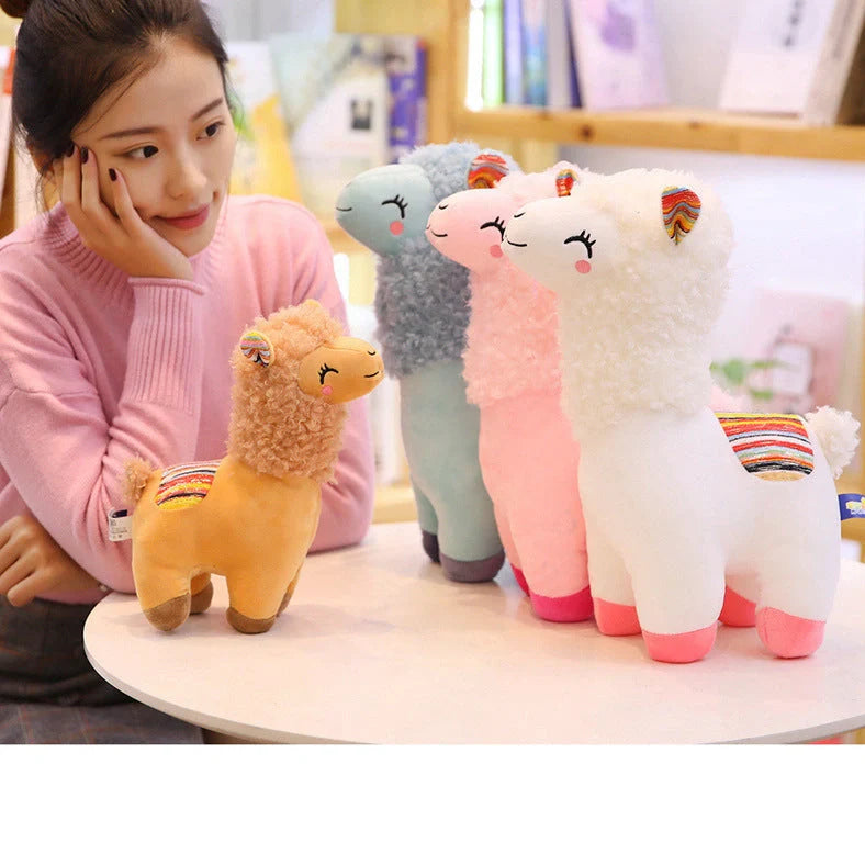 Alpaca Llama stuffed plush toy in blue, brown, white, or pink colours with soft cloth exterior