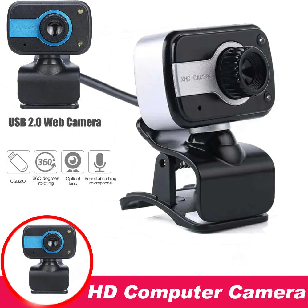 Blue, red, or white mini USB webcam on a stand with a 360-degree rotating head and manual focus adjustment.