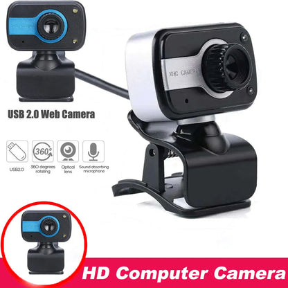 Blue, red, or white mini USB webcam on a stand with a 360-degree rotating head and manual focus adjustment.