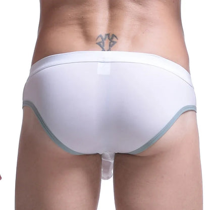 Men's ice silk bazooka briefs in mid waist design with bullet separation, available in multiple colours