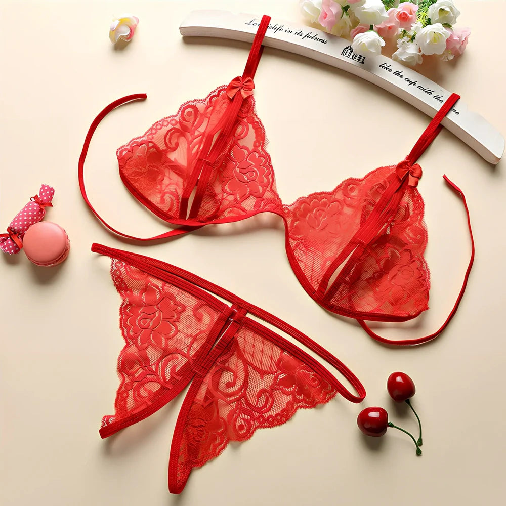 Three-point lingerie set in modal mesh fabric showing black, pink, red, rose red, and white colour options with weight-based sizing