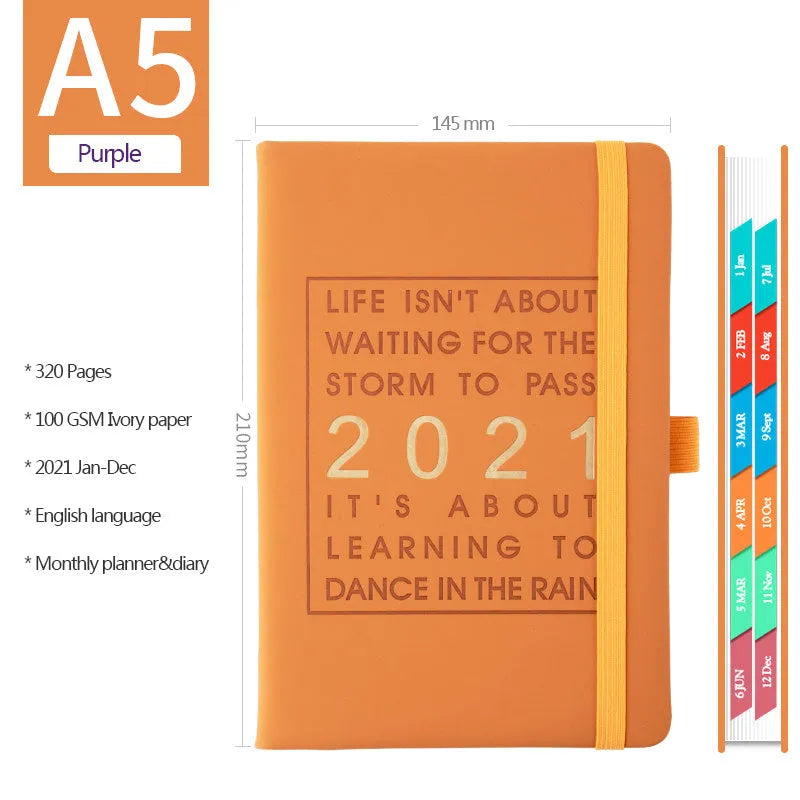 A5 daily planning notebook with imitation leather cover in five colours, open to show calendar and writing pages.