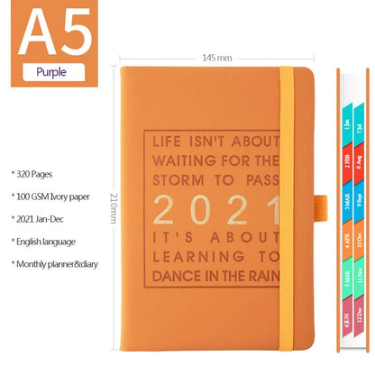 A5 daily planning notebook with imitation leather cover in five colours, open to show calendar and writing pages.